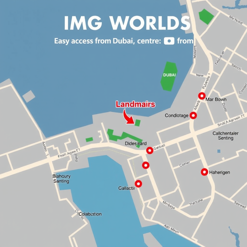 IMG Worlds location map showing easy access from Dubai city center with clear directions and nearby landmarks for navigation