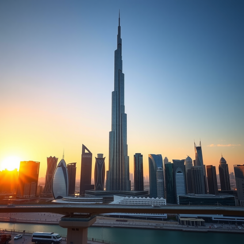 Dubai skyline featuring Burj Khalifa and modern skyscrapers at golden hour sunset