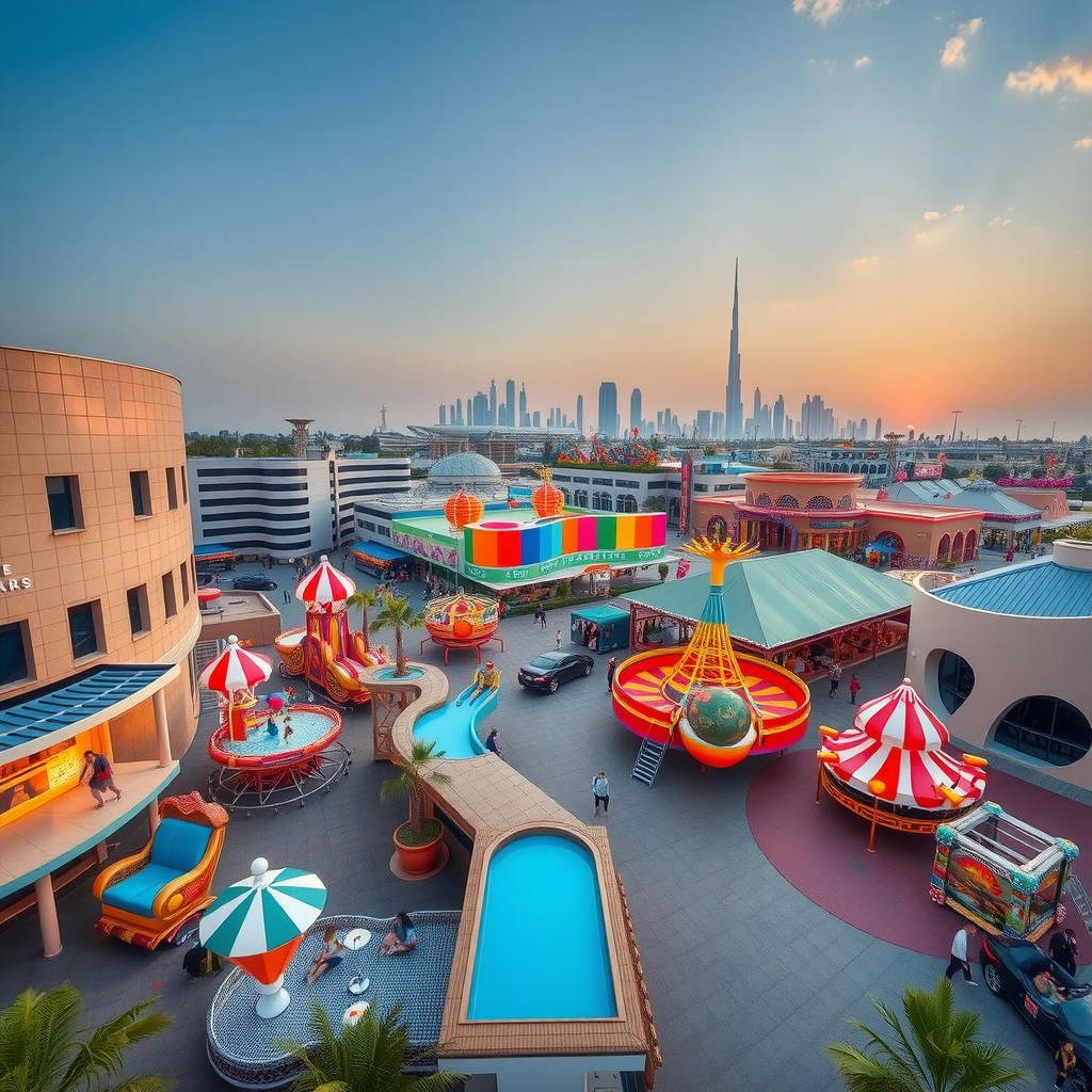Aerial view of Dubai's new family entertainment district featuring modern buildings, colorful theme park attractions, and families enjoying various rides and activities under the bright Dubai skyline