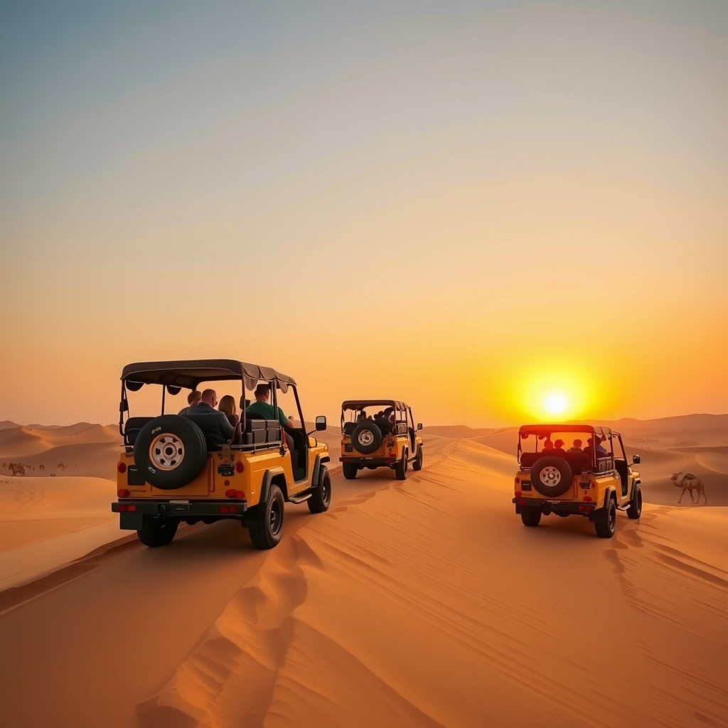 Tourists enjoying a thrilling desert safari experience in Dubai with traditional 4x4 vehicles navigating golden sand dunes during sunset, showcasing the peak winter tourism season activities