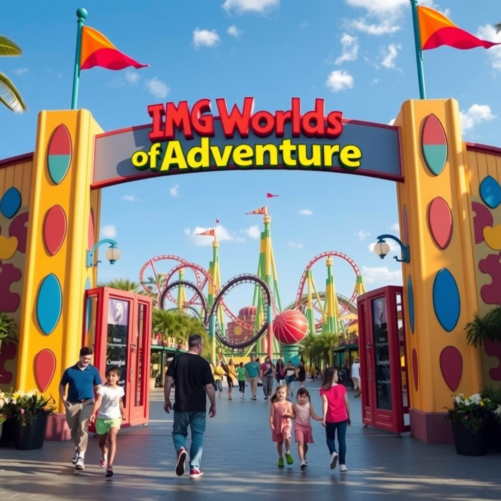 IMG Worlds of Adventure theme park entrance with families walking through colorful gates and roller coasters visible in background