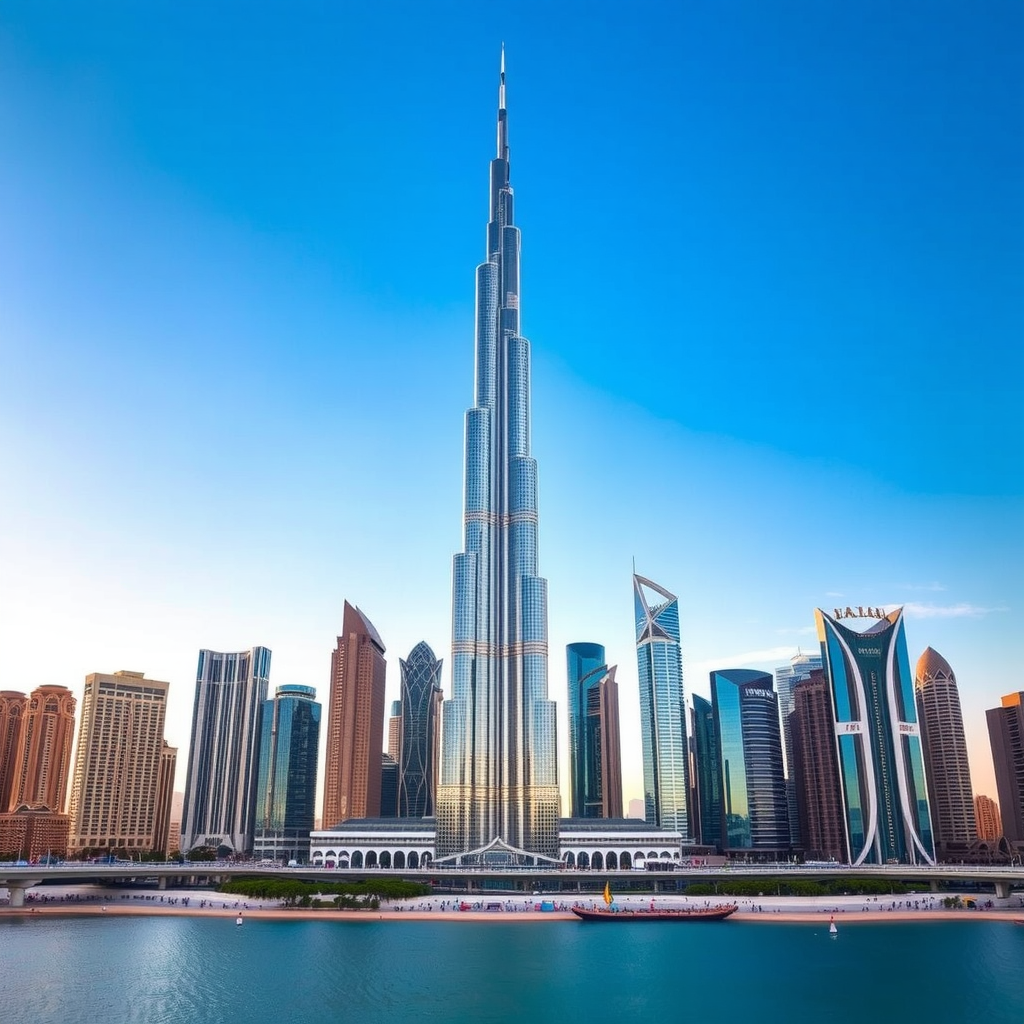 Stunning Dubai skyline with Burj Khalifa and modern skyscrapers against blue sky