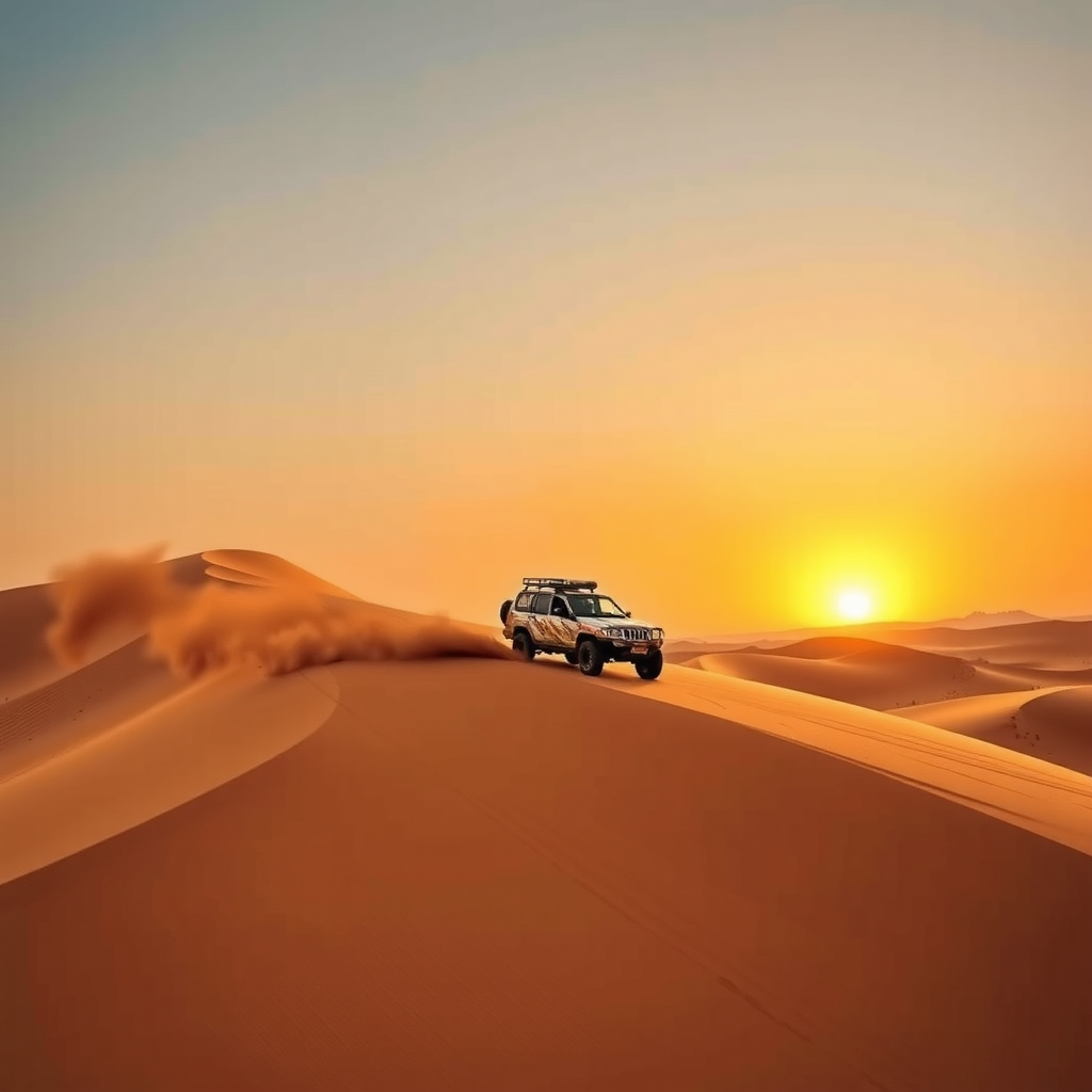 Thrilling dune bashing adventure with 4x4 vehicles racing across golden sand dunes in Dubai desert during sunset