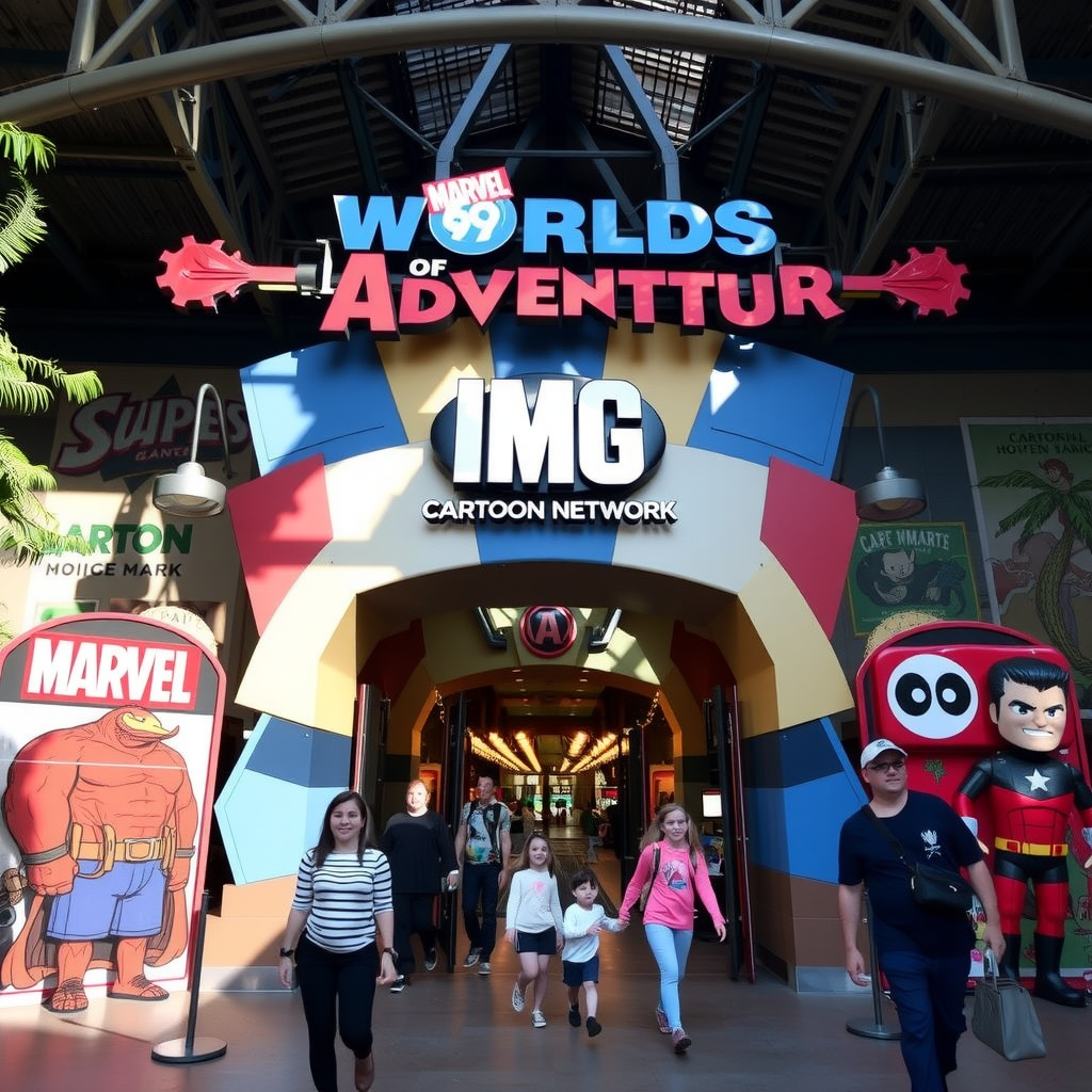 IMG Worlds of Adventure indoor theme park entrance with colorful Marvel and Cartoon Network character displays, families walking through the main entrance gates