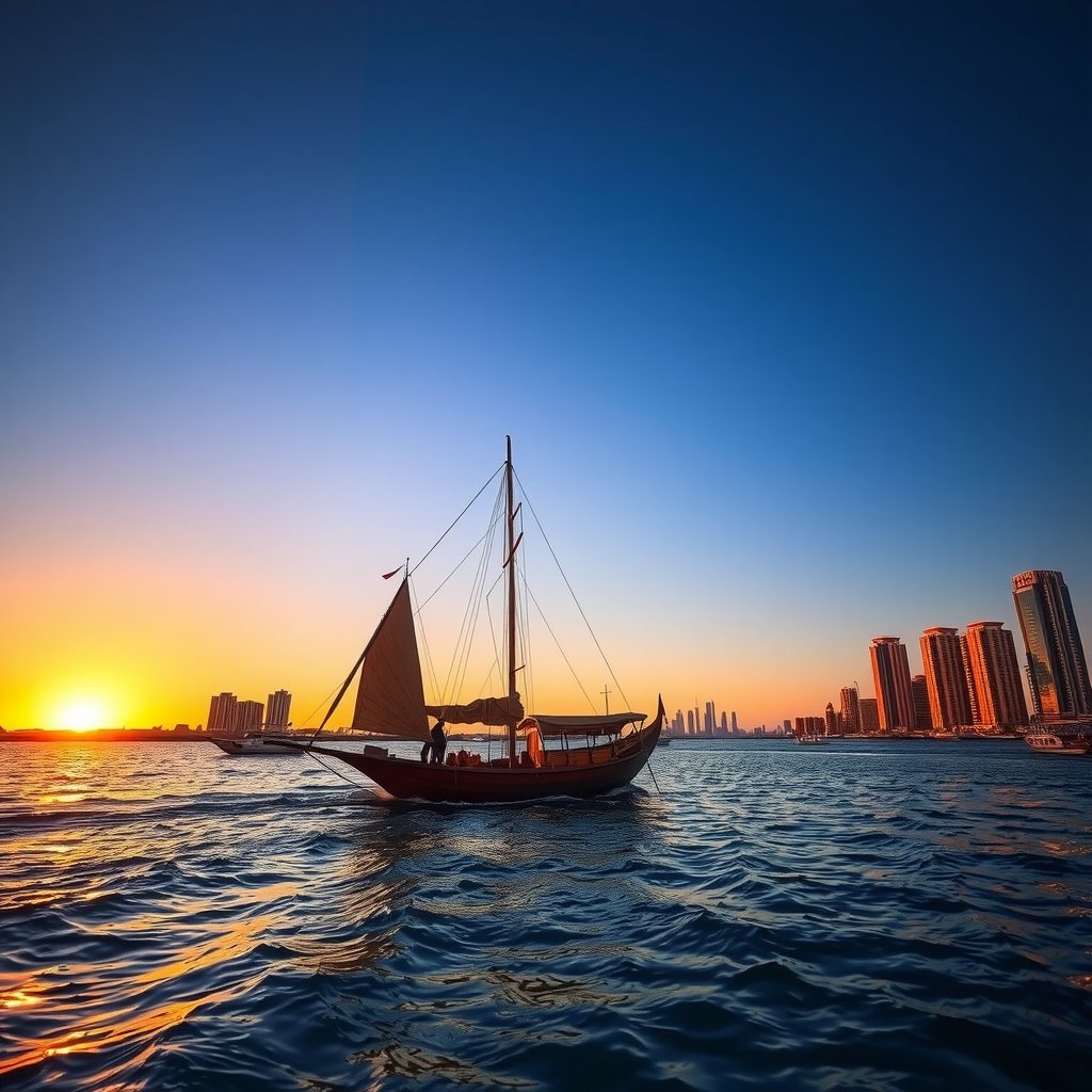 Traditional wooden dhow sailing along Dubai Creek at sunset with illuminated city skyline in background