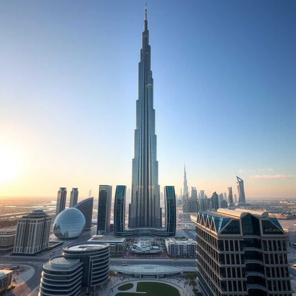 Burj Khalifa towering over Dubai's modern skyline with glass buildings and urban landscape