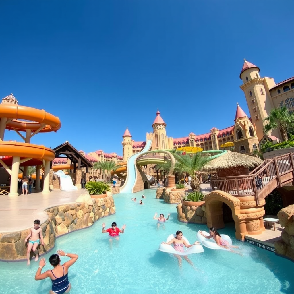 Aquaventure Waterpark at Atlantis Dubai with thrilling water slides, lazy river, and families enjoying water attractions under sunny blue skies