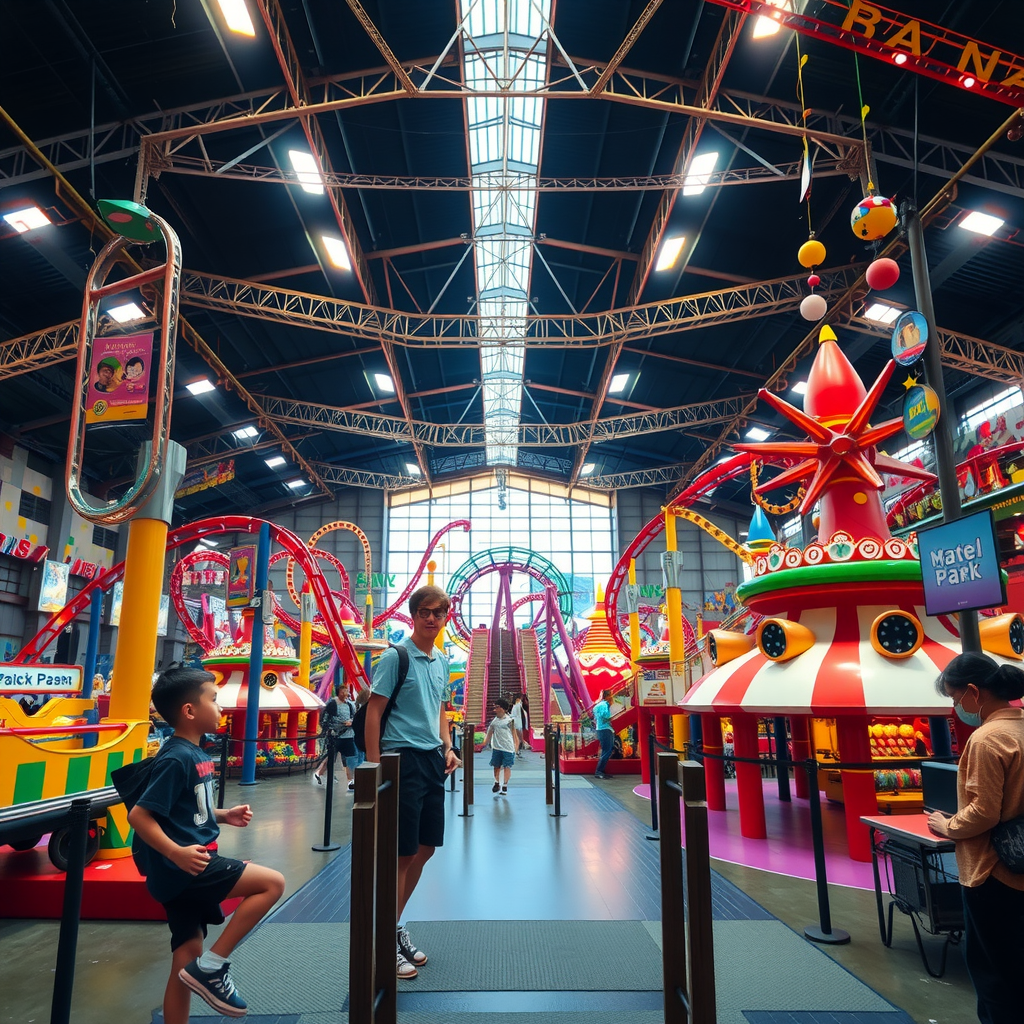 Interior view of the massive indoor theme park showing colorful roller coasters, family-friendly rides, and children playing in a temperature-controlled environment with LED lighting and modern architecture