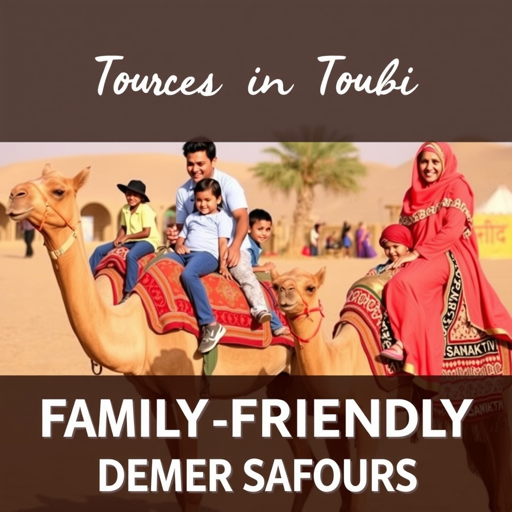 Families with children participating in camel riding and traditional cultural activities at a desert camp in Dubai, highlighting the family-friendly nature of desert safari tours