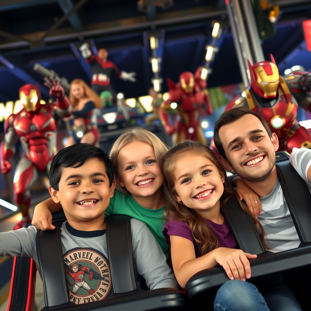 Happy family of four enjoying thrilling rides at IMG Worlds with Marvel superheroes in background