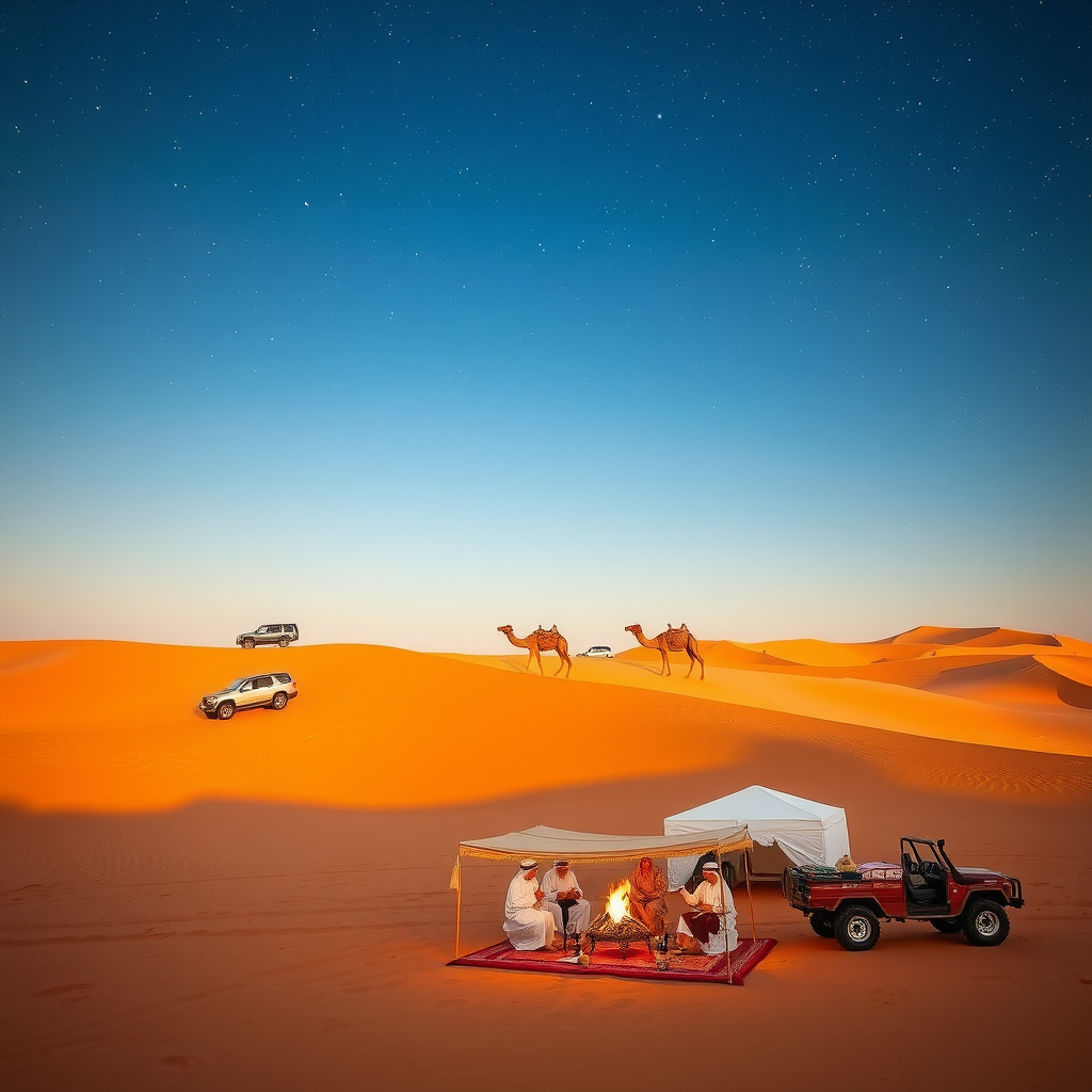 Golden sand dunes with 4x4 vehicles performing dune bashing, camels walking in background, traditional Bedouin camp with fire and entertainment setup under starry desert sky
