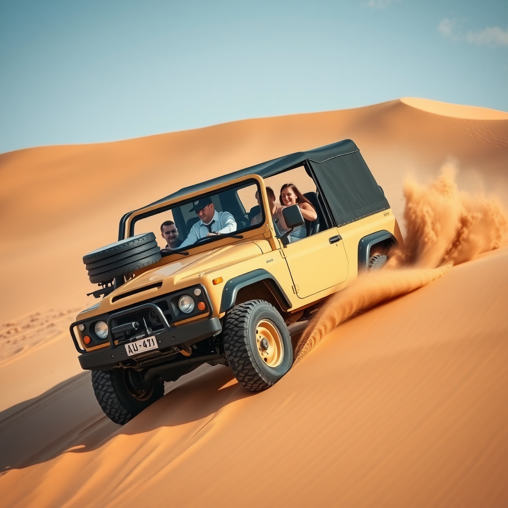 Professional driver navigating steep sand dunes in a powerful 4x4 vehicle with passengers enjoying the thrilling ride