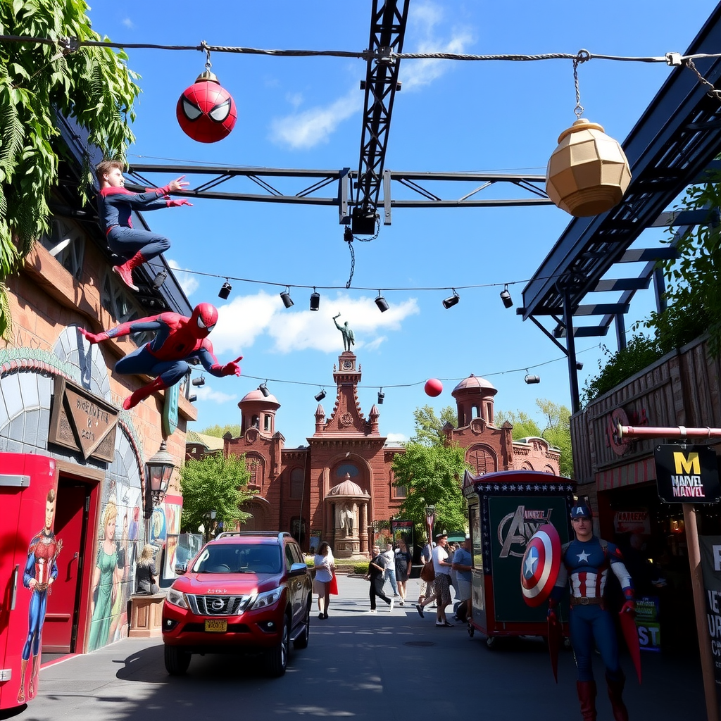 Marvel superhero themed zone with Spider-Man and Avengers ride attractions, comic book style decorations and costumed characters