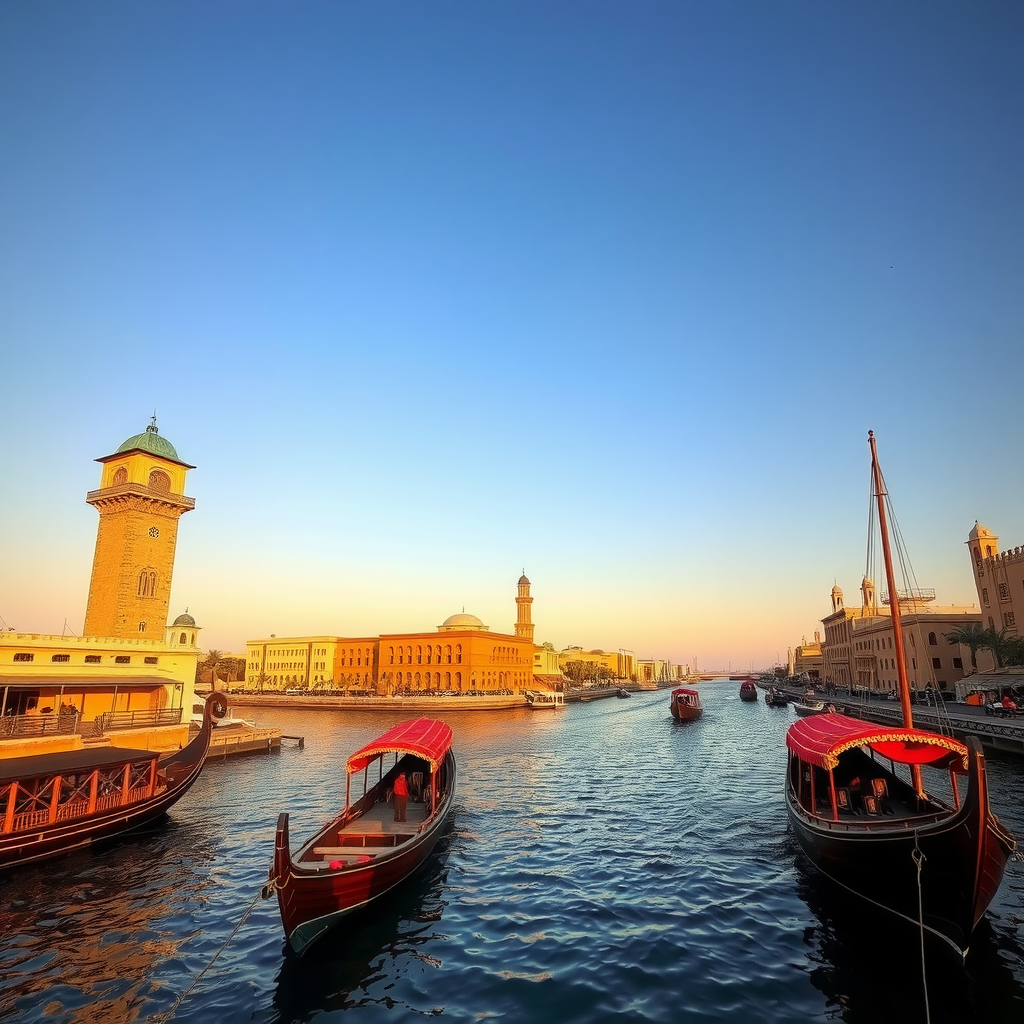 Dubai Creek showing traditional wind towers, heritage buildings, and wooden dhows with golden sunset lighting
