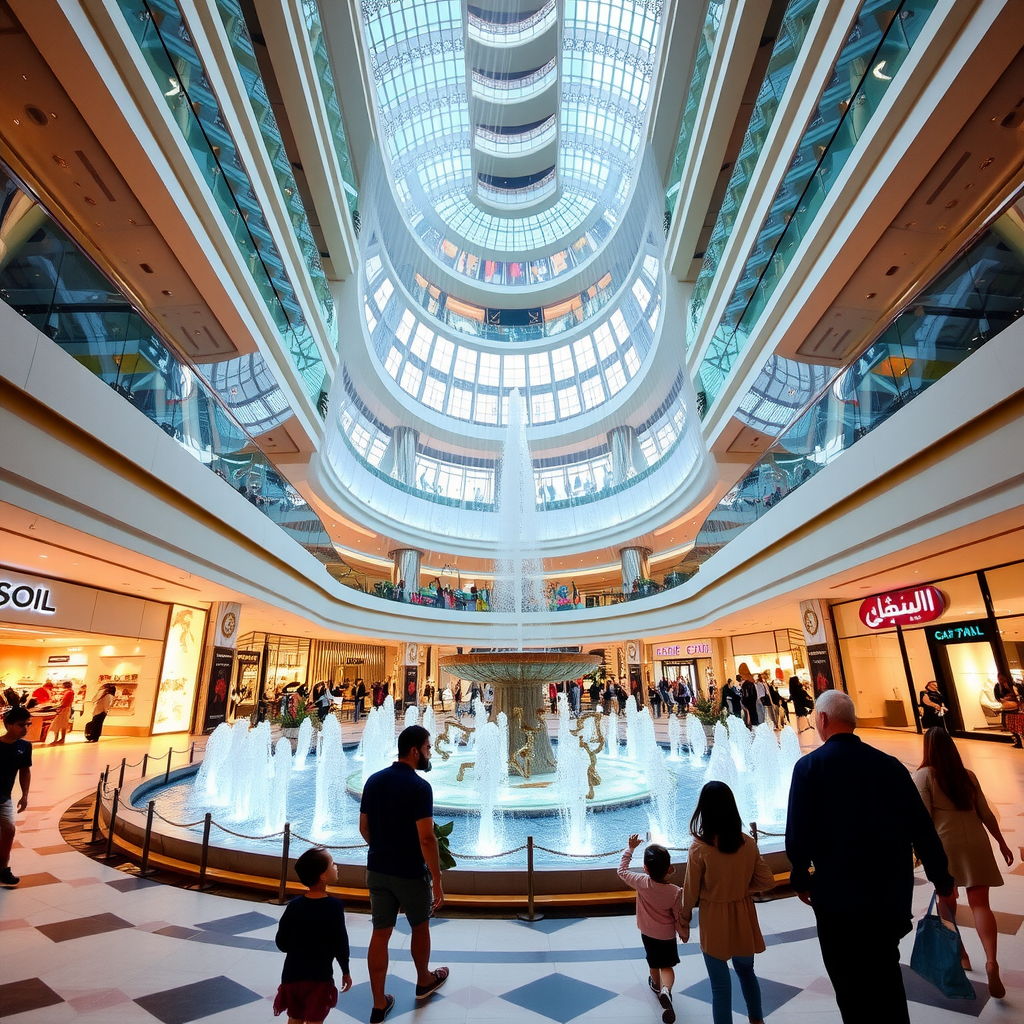Dubai Mall interior showing luxury shopping areas, fountains, and families walking through the expansive retail space