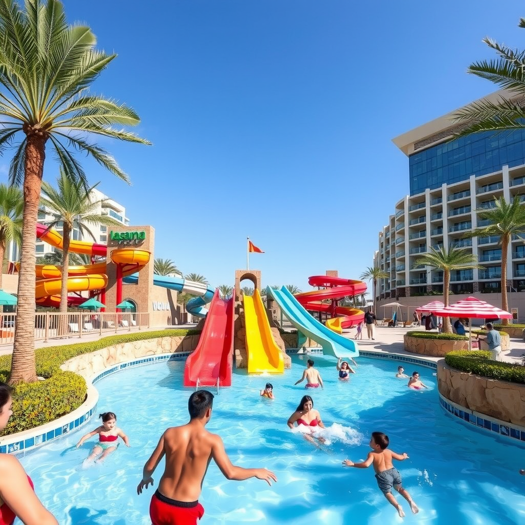 Laguna Waterpark with colorful water slides, splash zones, and families playing in crystal clear pools surrounded by palm trees and modern Dubai architecture