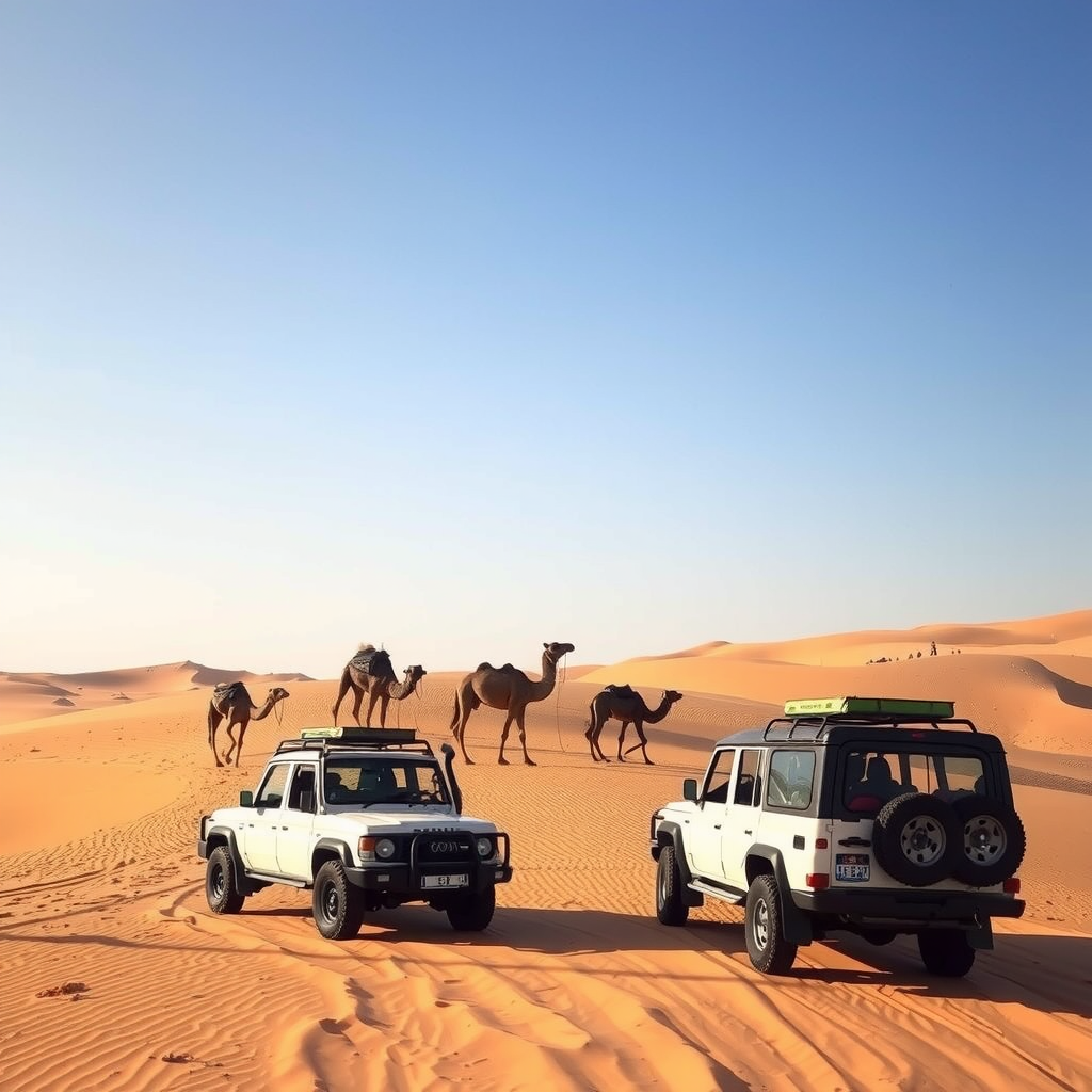 Desert safari scene with 4x4 vehicles on sand dunes and camels in traditional Bedouin setting