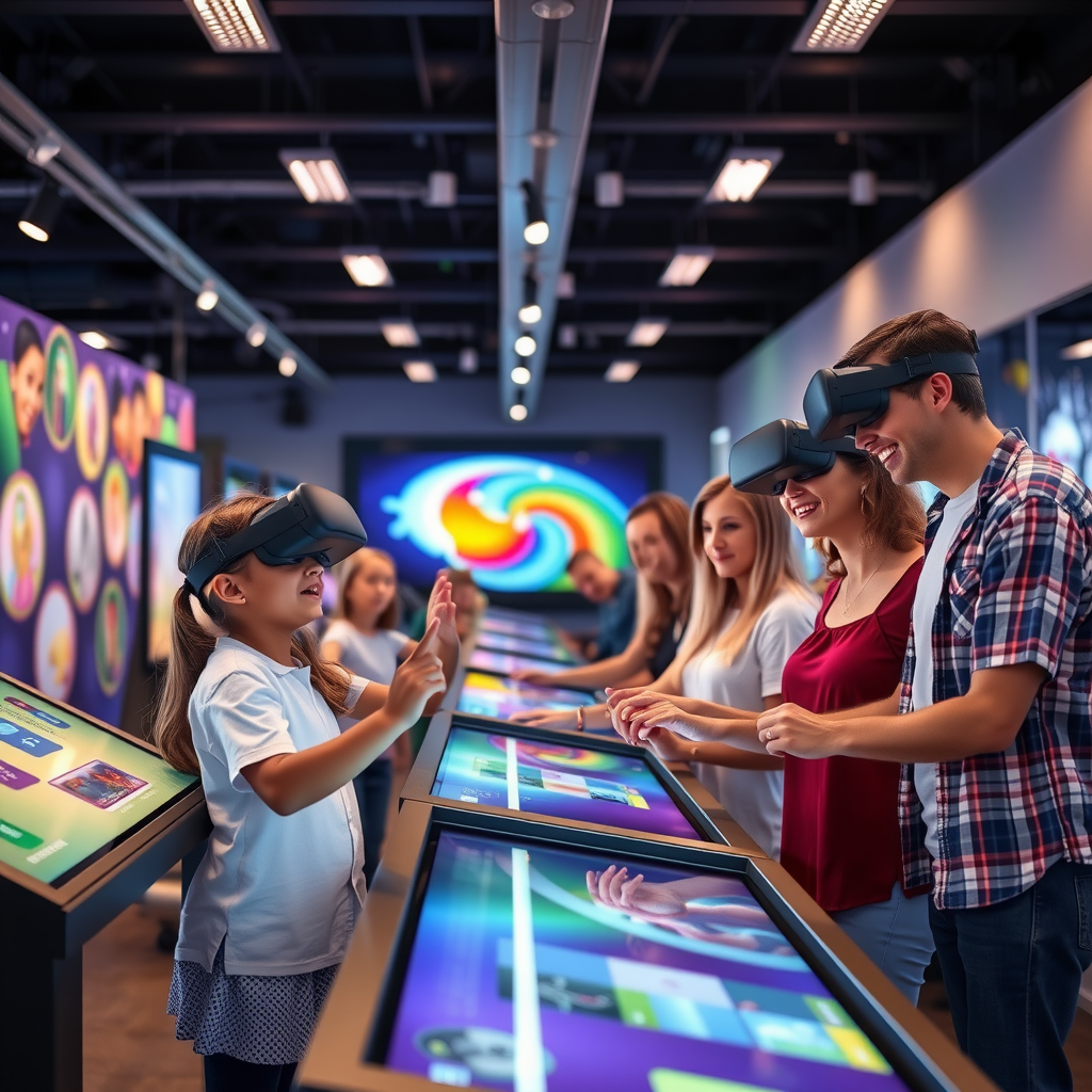 Families participating in interactive digital experiences, with children and parents using touch screens and VR headsets in a modern, well-lit entertainment space with colorful interactive displays