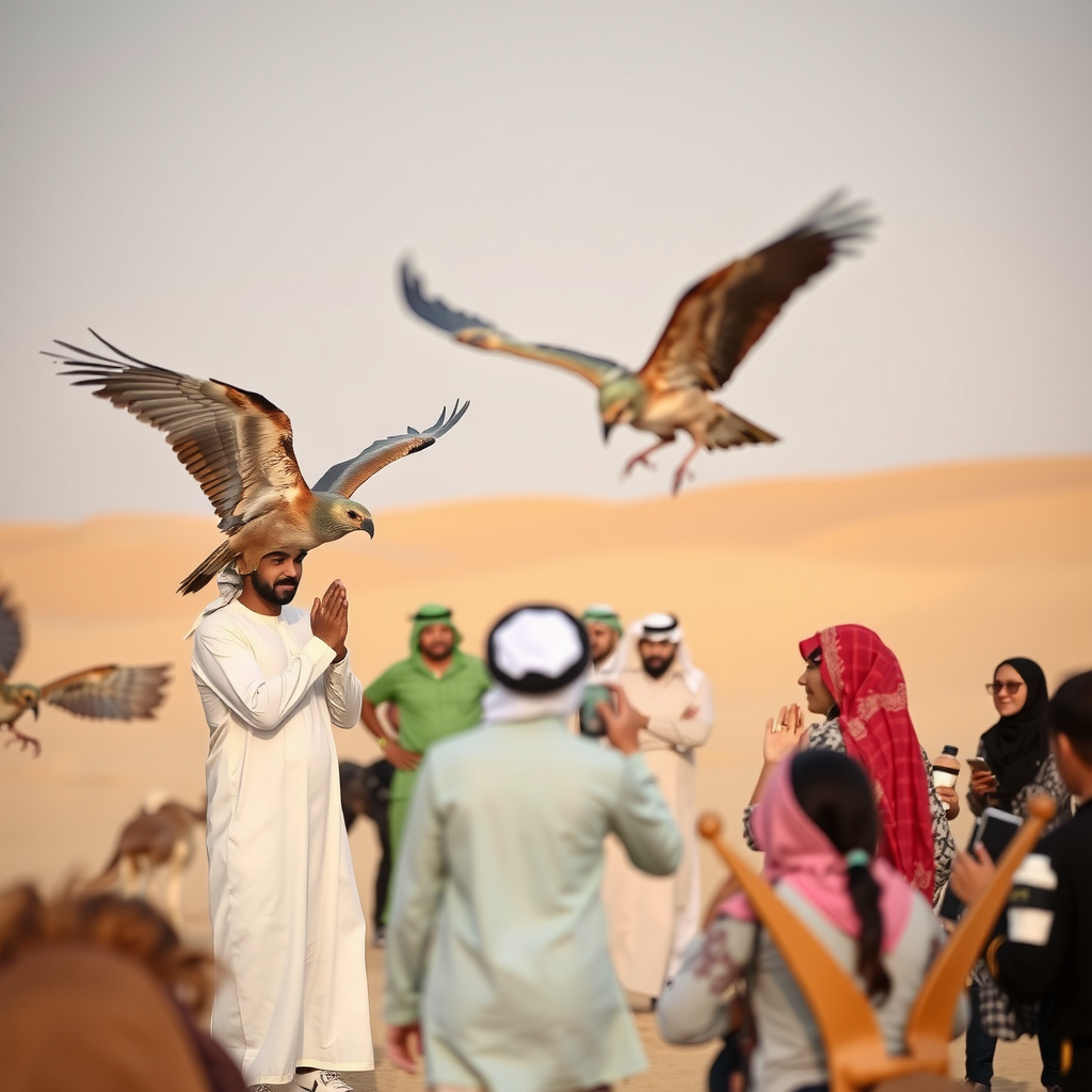 Traditional falconry demonstration and Arabic coffee ceremony taking place at a desert camp with tourists watching and participating in authentic Emirati cultural experiences