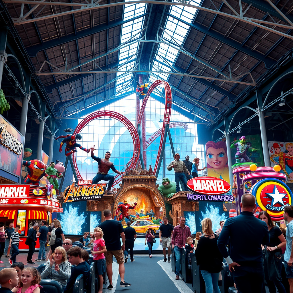 Large indoor theme park with Marvel superheroes, cartoon characters, thrilling roller coasters, families enjoying rides, colorful attractions and entertainment zones