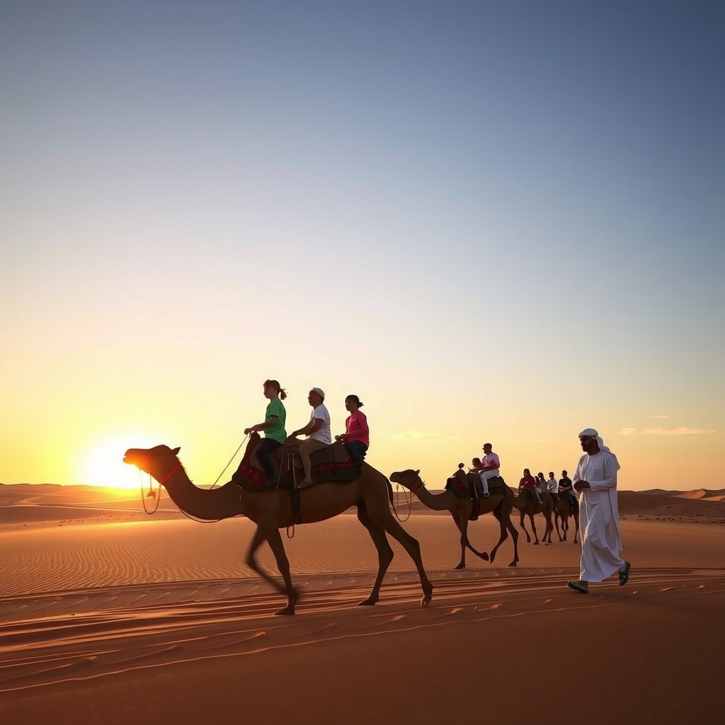 Families enjoying traditional camel rides across desert landscape with Bedouin guide leading the caravan during golden hour