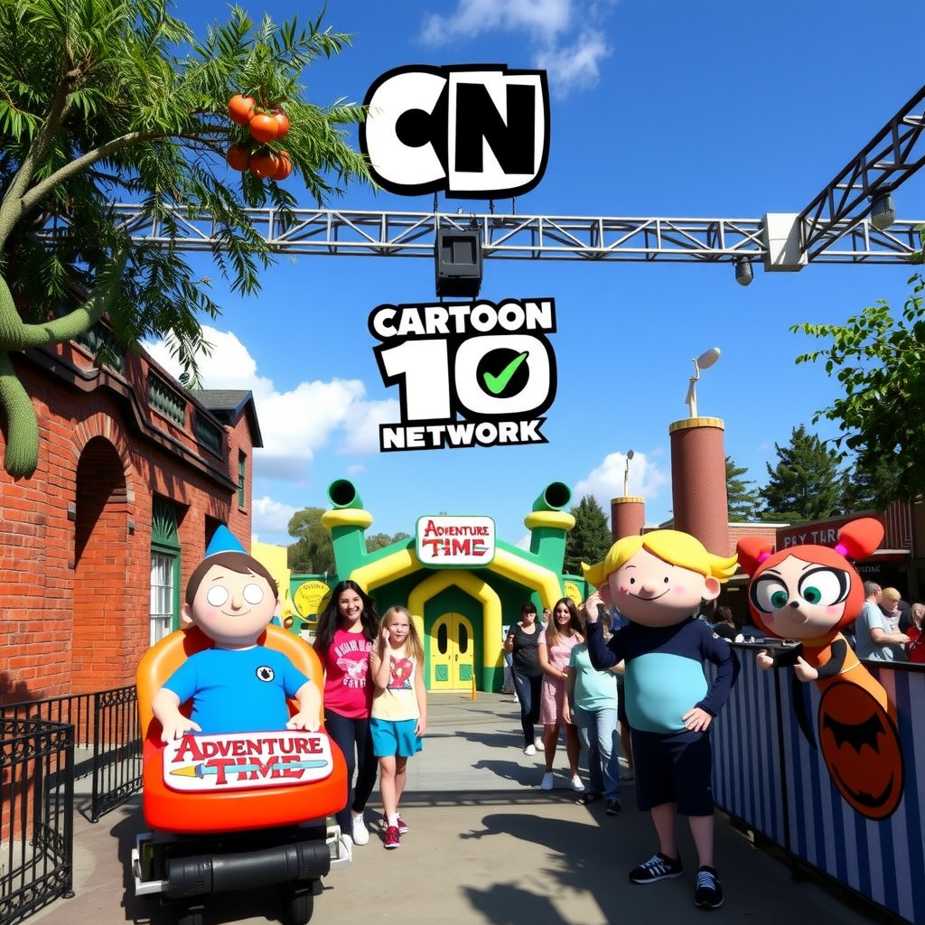 Cartoon Network zone with Ben 10, Adventure Time and Powerpuff Girls themed rides and colorful cartoon character meet and greets