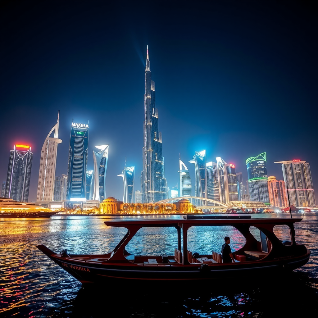 Dubai Marina skyline at night with illuminated skyscrapers reflecting in water and modern dhow in foreground
