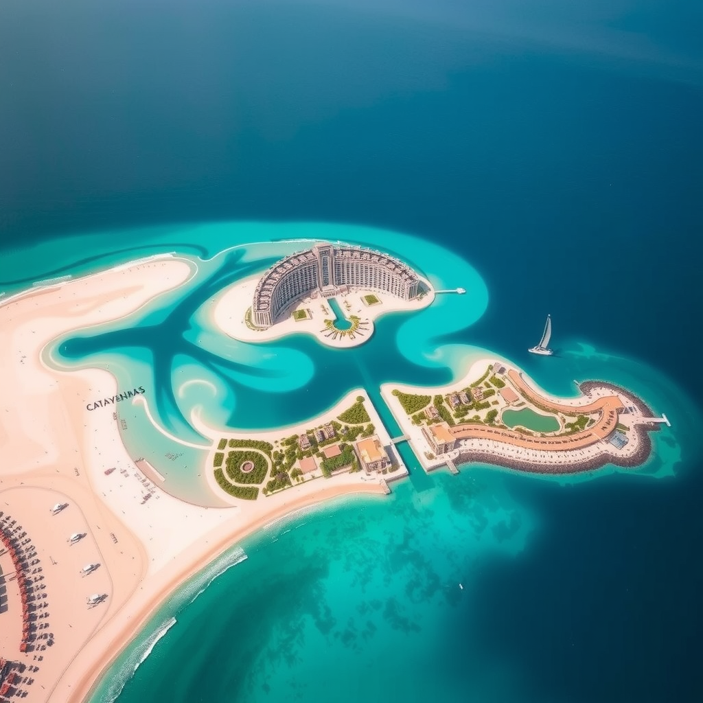 Palm Jumeirah artificial island with Atlantis resort, luxury hotels, and pristine beaches viewed from above