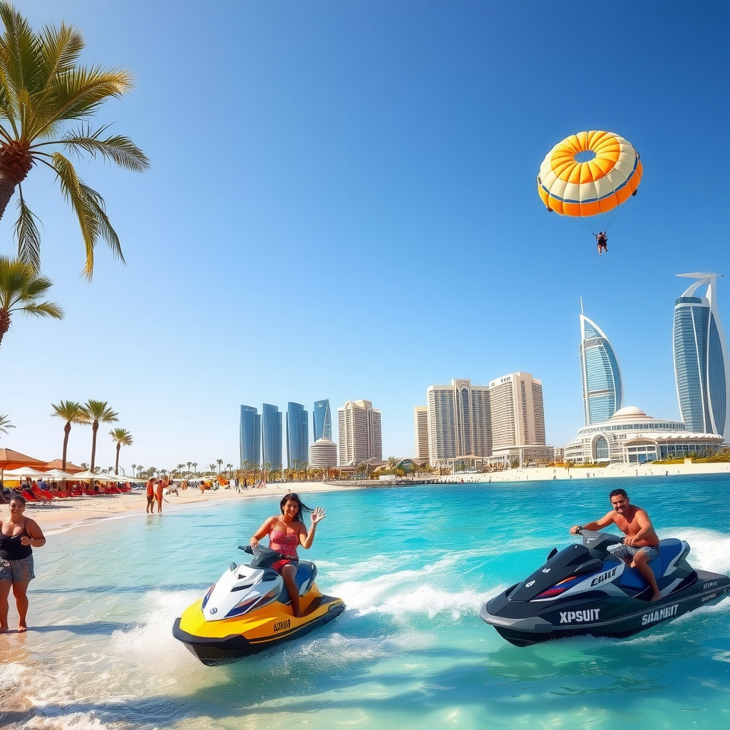 Dubai beach scene with families enjoying water sports, jet skis on turquoise water, parasailing in the sky, and luxury beach clubs with palm trees and modern skyscrapers in background