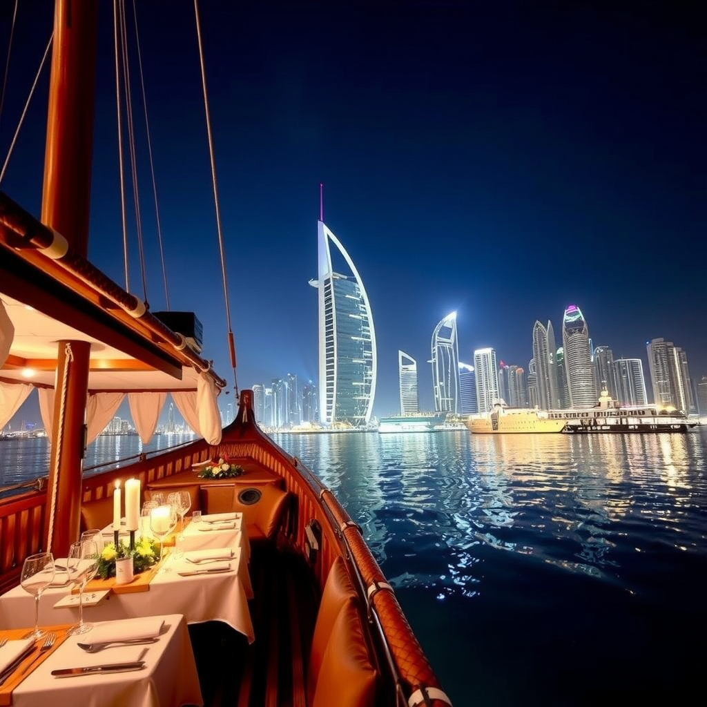 Traditional dhow boat cruise with dinner setup and Dubai Marina skyline illuminated at night