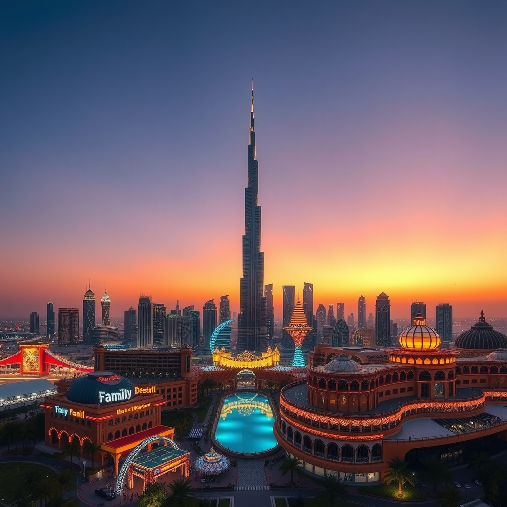 Panoramic view of Dubai's skyline at sunset with the new family entertainment district prominently featured, showing illuminated attractions and the iconic Burj Khalifa in the background