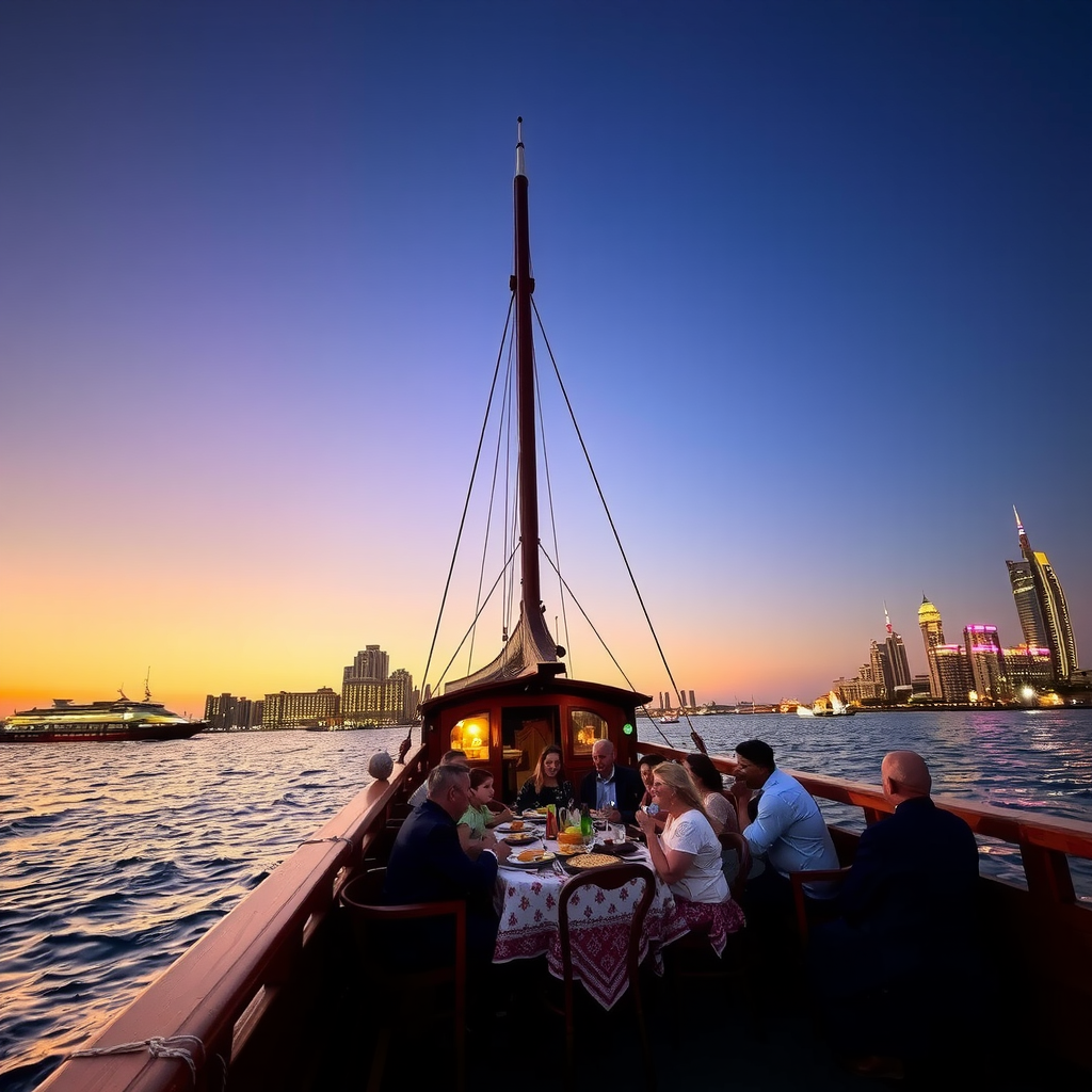 Traditional wooden dhow boat sailing on Dubai Creek at sunset, illuminated city skyline, families dining on deck, cultural entertainment and buffet setup