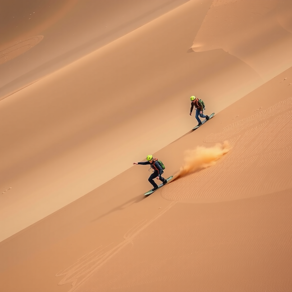 Adventure enthusiasts sandboarding down steep golden sand dunes with safety equipment and instructor guidance
