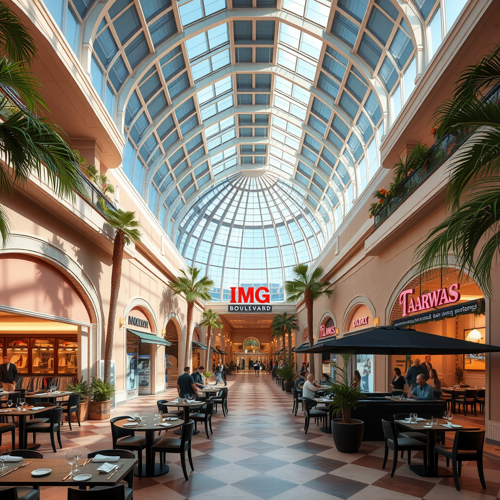 IMG Boulevard shopping and dining area with upscale restaurants, retail stores and entertainment venues in a luxurious indoor setting