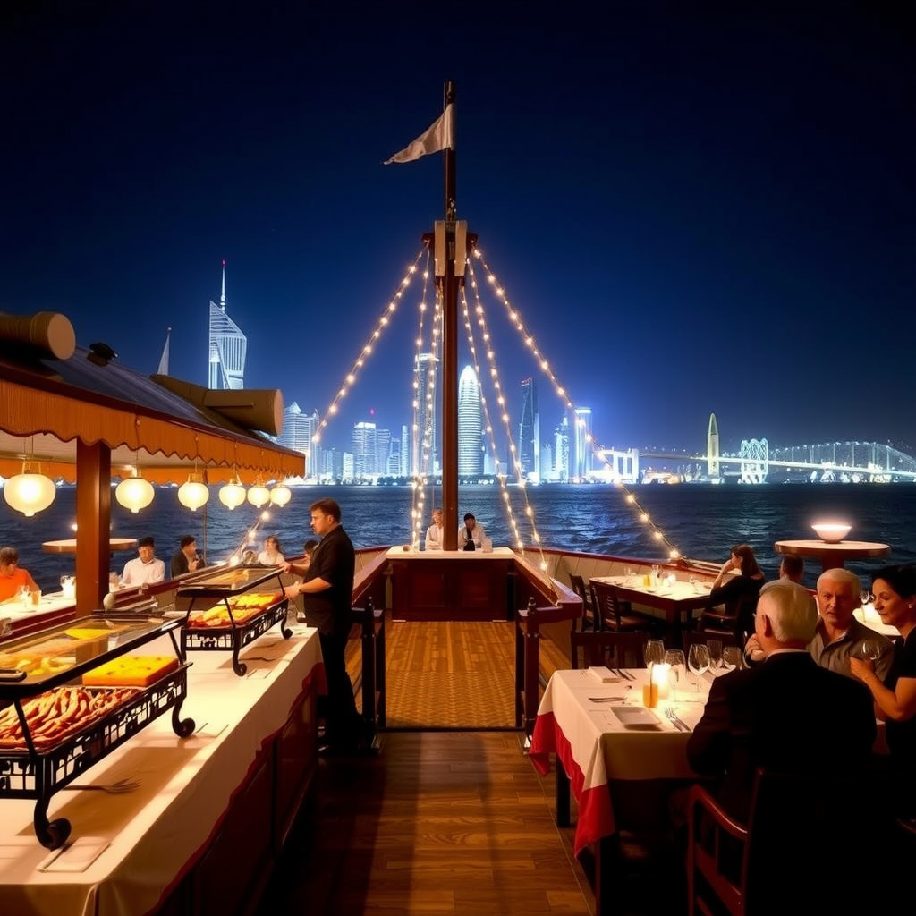 Elegant dhow cruise dining setup with buffet tables, traditional Arabic entertainment, and guests enjoying dinner with city lights in background