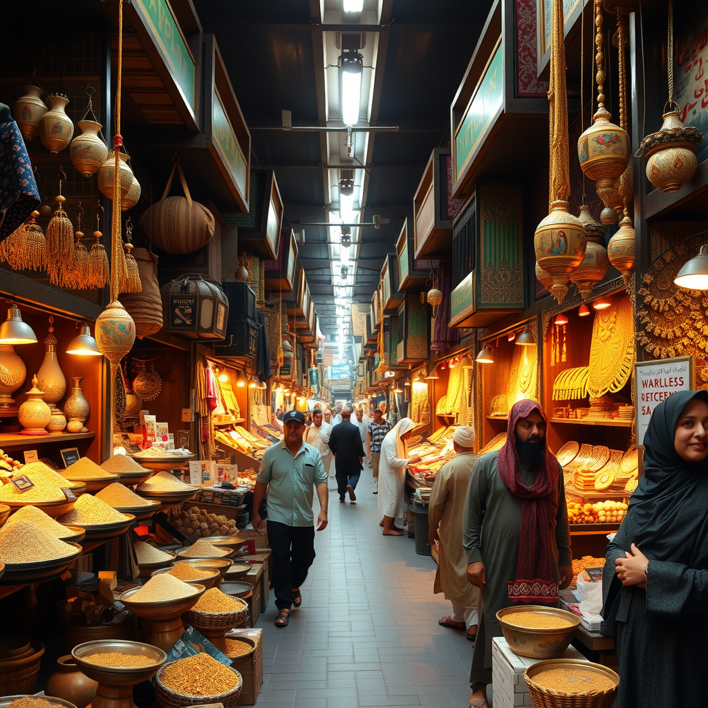 Traditional Dubai souks with colorful spices, gold jewelry, textiles, and local merchants in authentic Middle Eastern marketplace setting