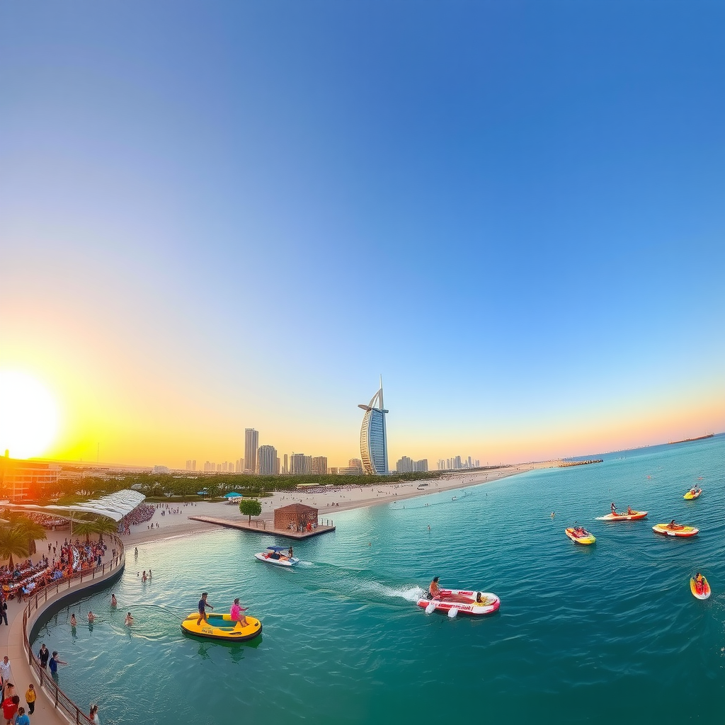 Panoramic view of Dubai coastline showing multiple water parks, luxury beach clubs, families enjoying various water activities, with iconic Dubai skyline and Burj Al Arab in the distance during golden hour