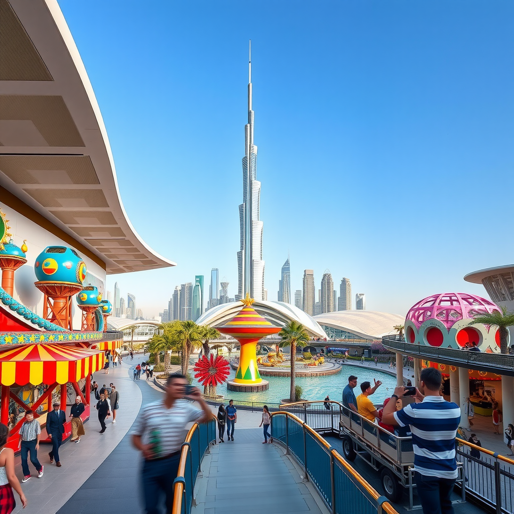 Modern family entertainment complex in Dubai with colorful attractions, families enjoying rides, and futuristic architecture against Dubai skyline