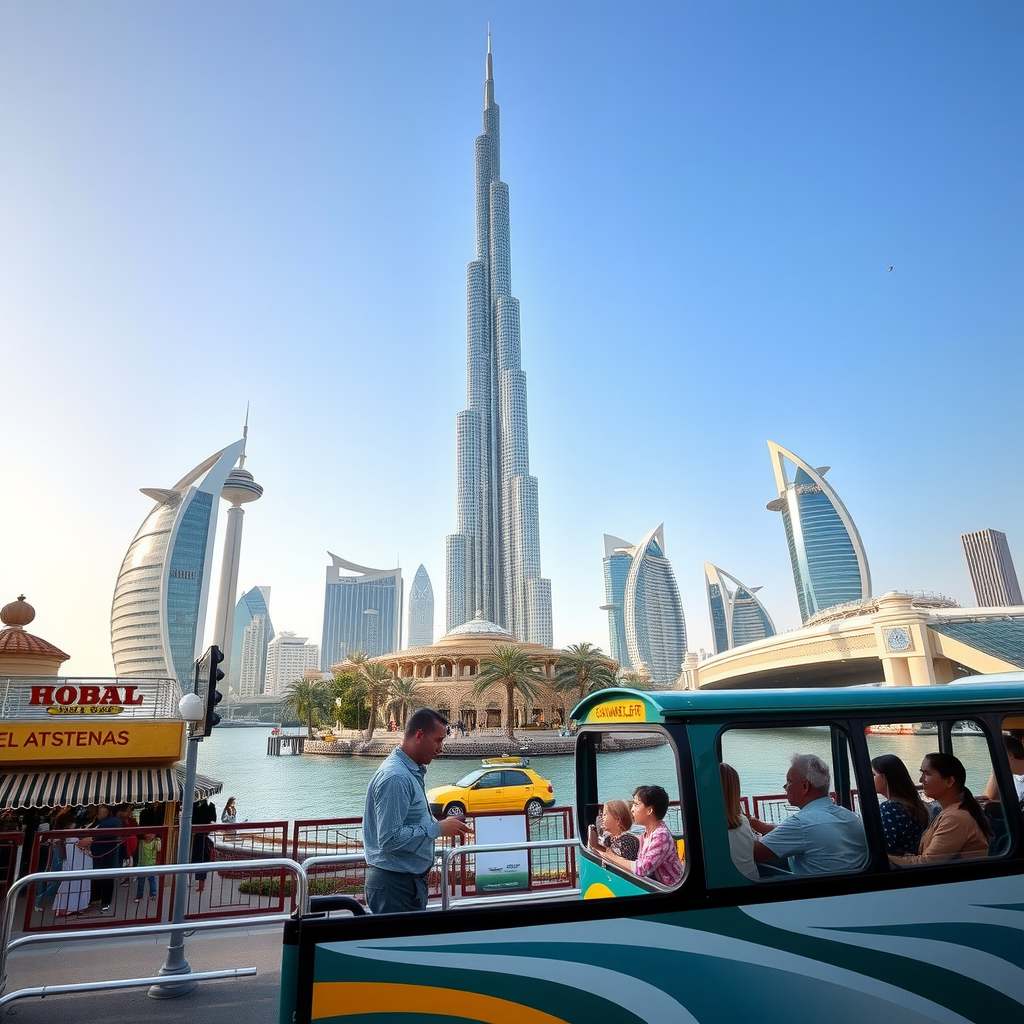 Dubai skyline featuring Burj Khalifa, Dubai Mall, Palm Jumeirah, traditional souks, tour bus with families sightseeing, iconic landmarks and modern architecture