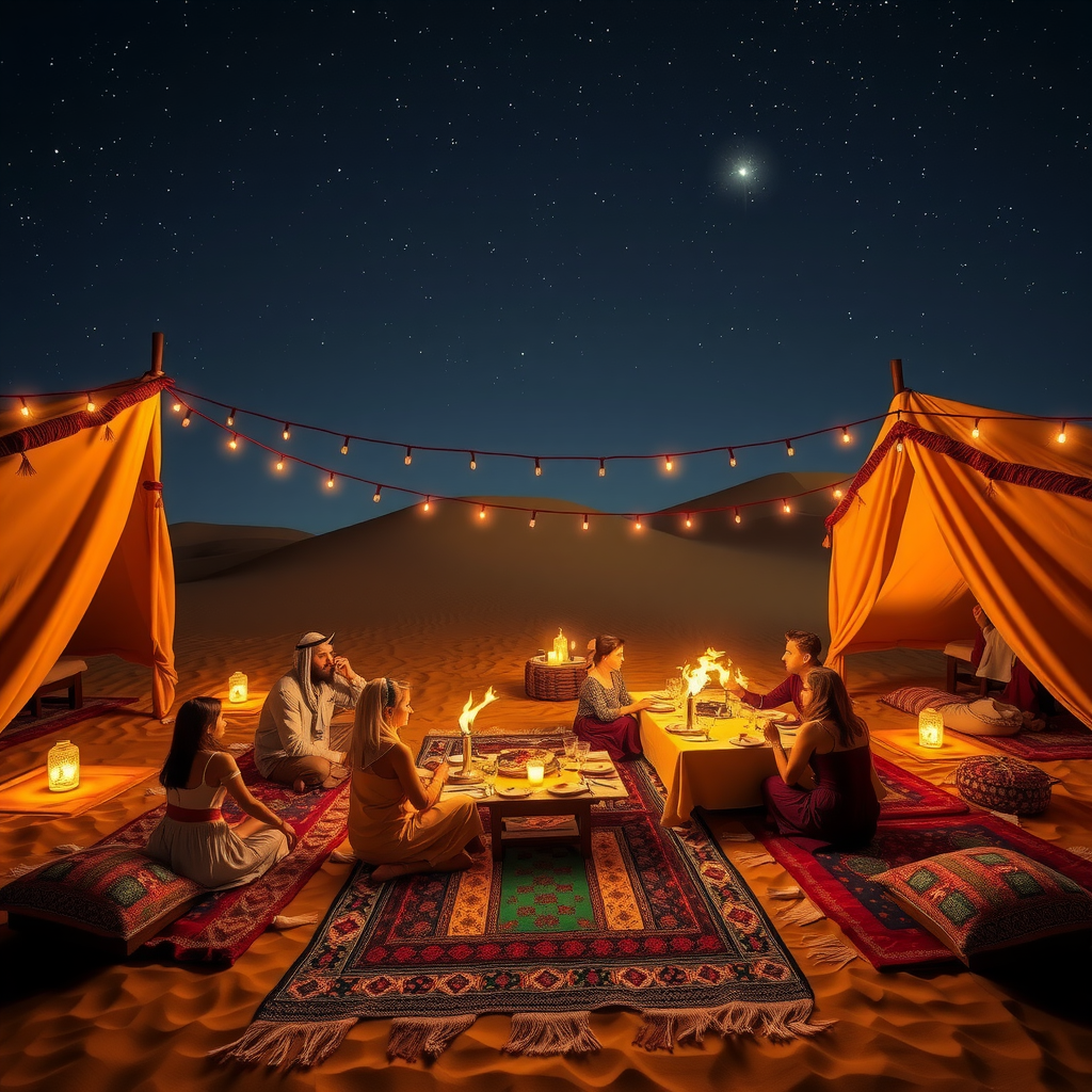 Traditional Bedouin desert camp with authentic BBQ dinner setup, colorful carpets, lanterns, and families dining under starlit sky