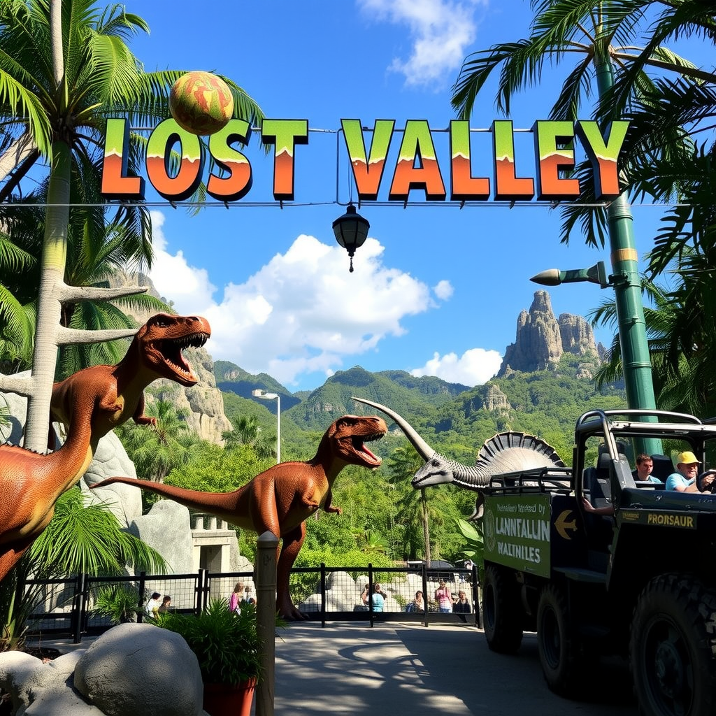 Lost Valley dinosaur themed zone with prehistoric jungle landscapes, animatronic dinosaurs and adventure rides for families