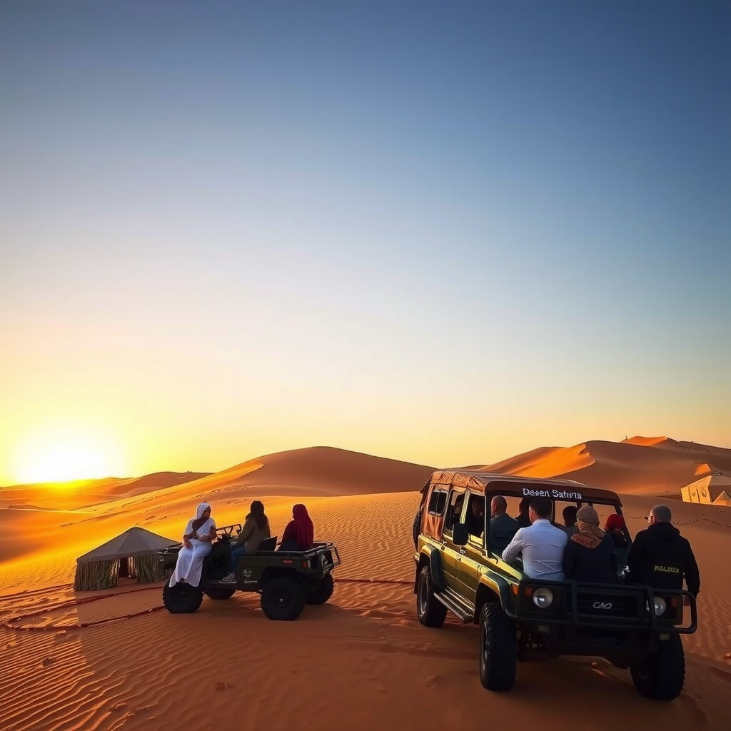 Exciting desert safari scene with families on dune bashing adventure, traditional Bedouin camp setup, and golden sand dunes at sunset
