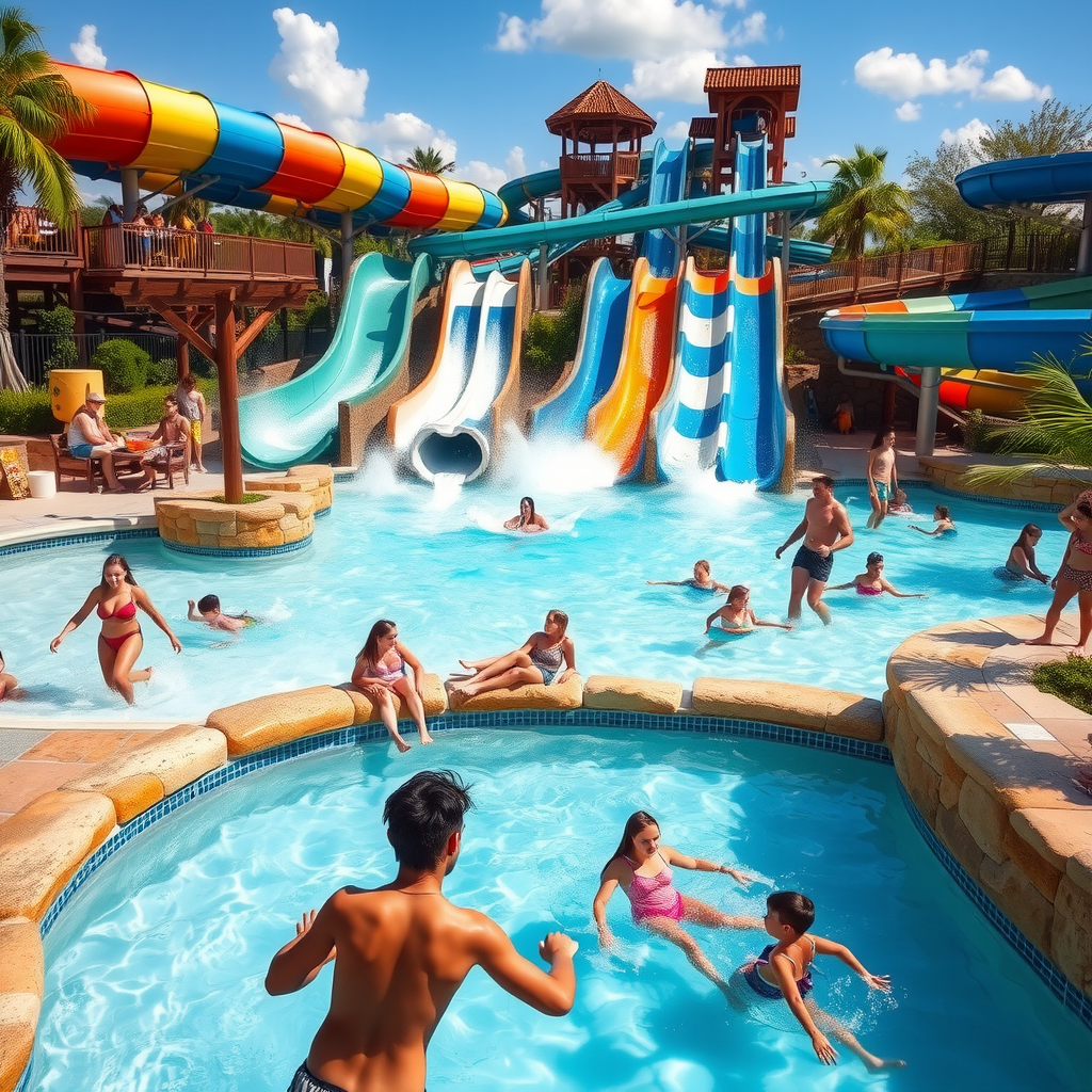 Exciting water park with thrilling slides, wave pools, lazy rivers, families enjoying water activities, beach clubs, marine adventures and aquatic attractions