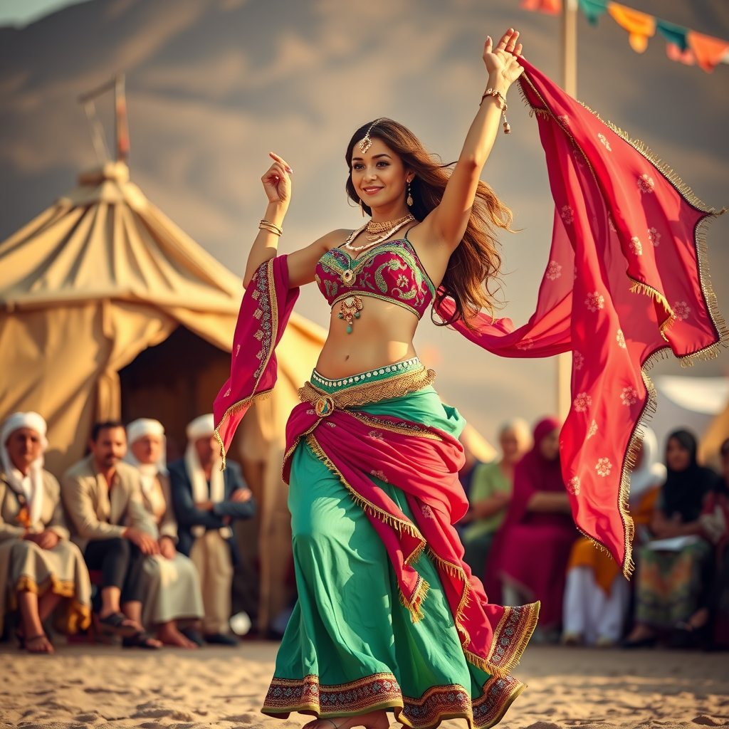 Professional belly dancer performing traditional Arabic dance in colorful costume with flowing fabrics at desert camp with audience watching