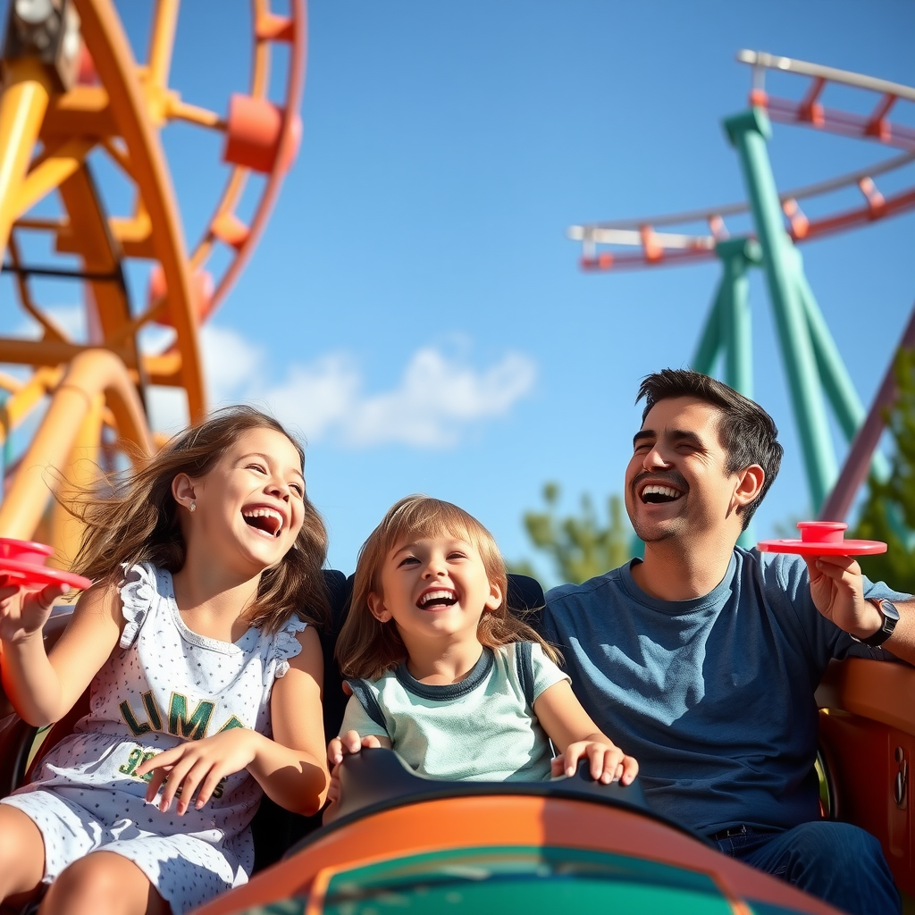 Happy families enjoying rides together at IMG Worlds, children laughing on roller coasters while parents watch with excitement and joy