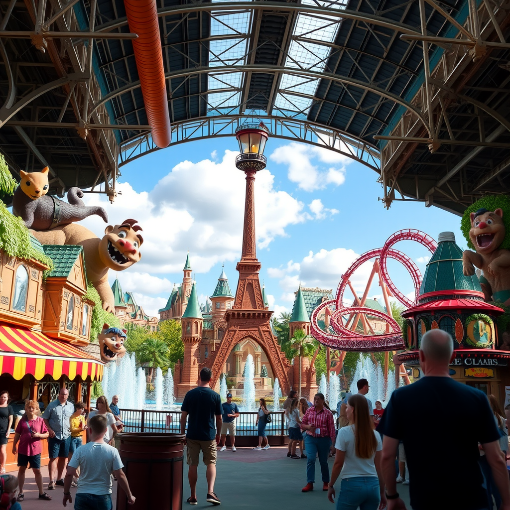 IMG Worlds of Adventure theme park interior with thrilling rides, families enjoying attractions, colorful themed zones and exciting roller coasters
