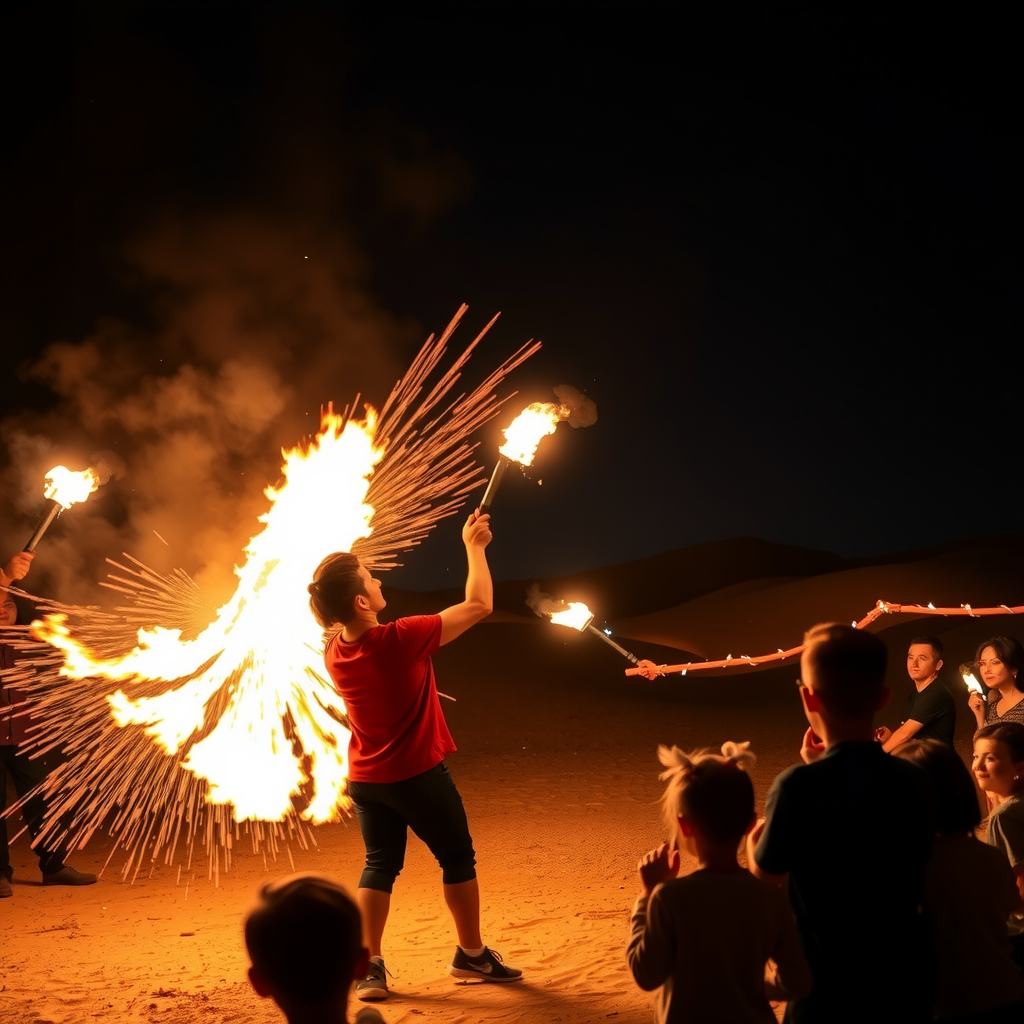 Professional fire performer spinning flaming torches in dramatic desert night show with safety measures and amazed family audience