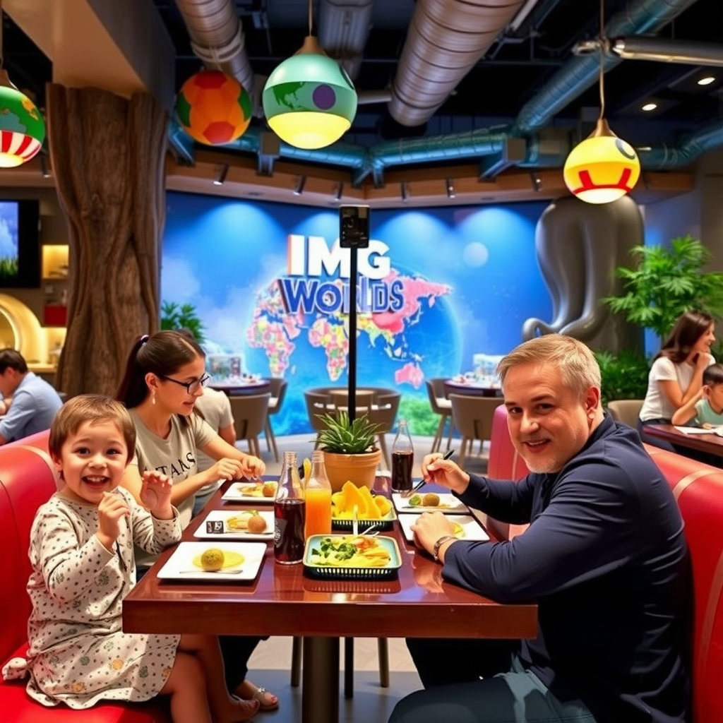 Family dining at IMG Worlds restaurant with themed decor, children enjoying colorful meals while parents relax in comfortable seating area