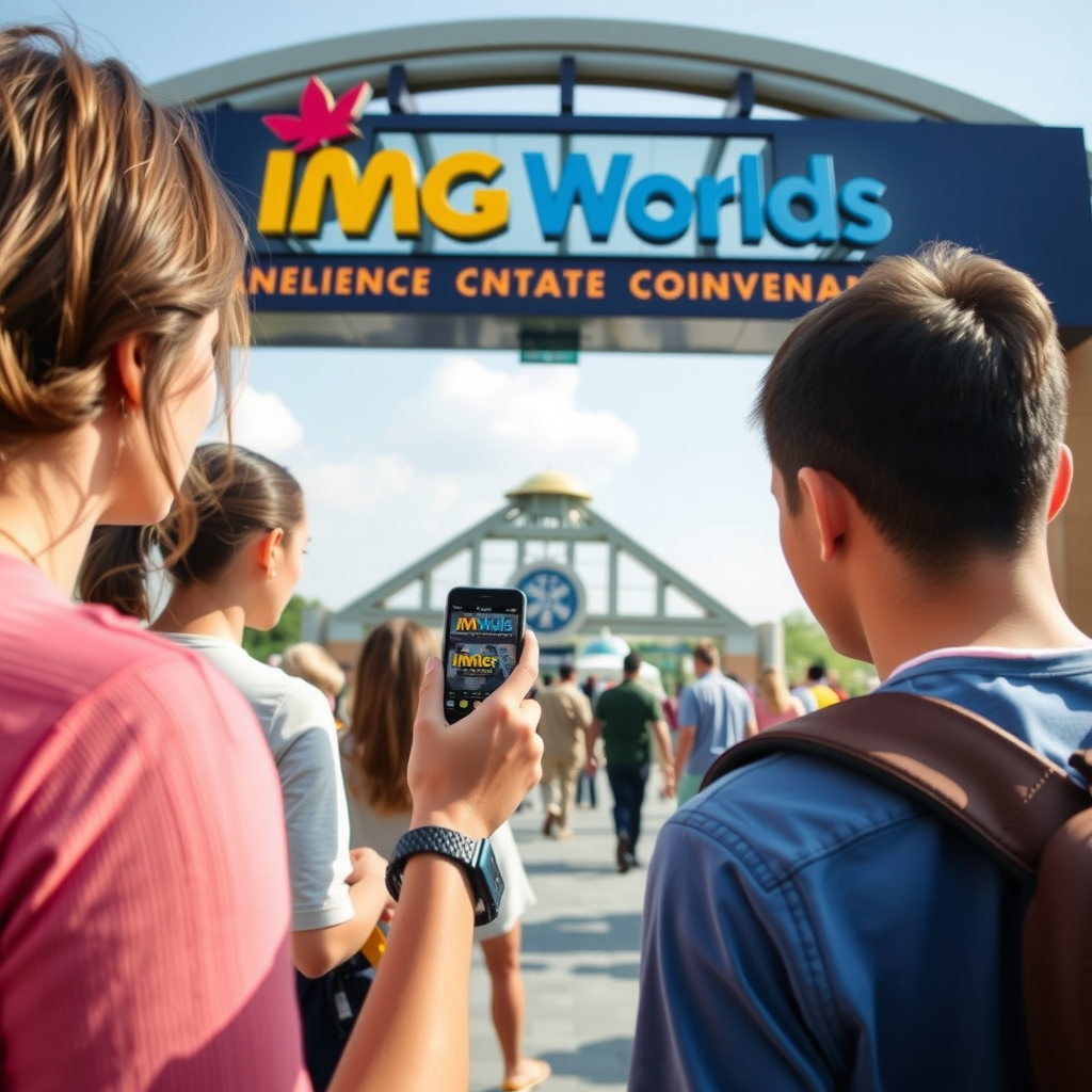 Family showing mobile tickets on smartphone at IMG Worlds entrance gate, bypassing long queues with digital convenience