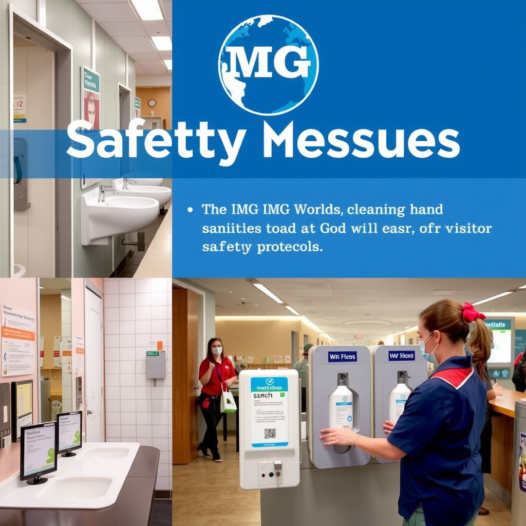 IMG Worlds safety measures showing clean facilities, hand sanitizing stations, and staff ensuring visitor safety protocols